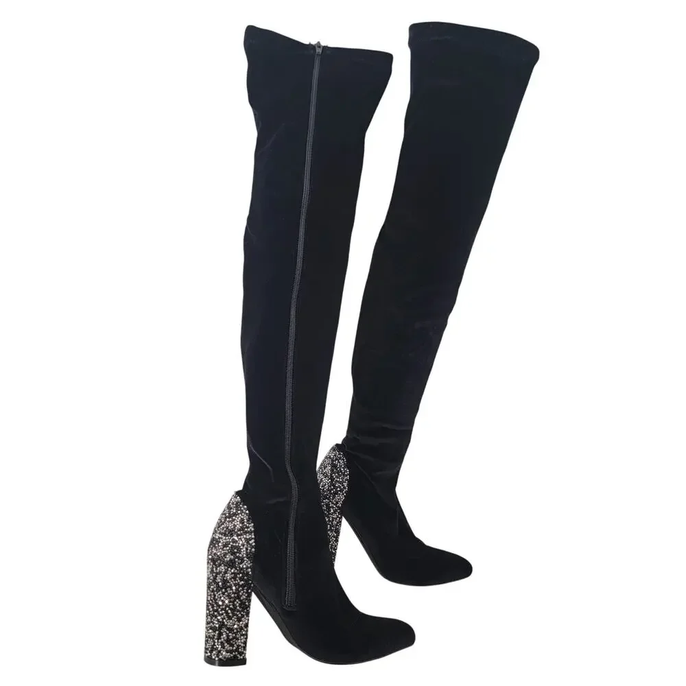 Over the‎ Knee Boot Zip Glittery Block Heel Velvet Sz 7 Whimsygoth Party Concert